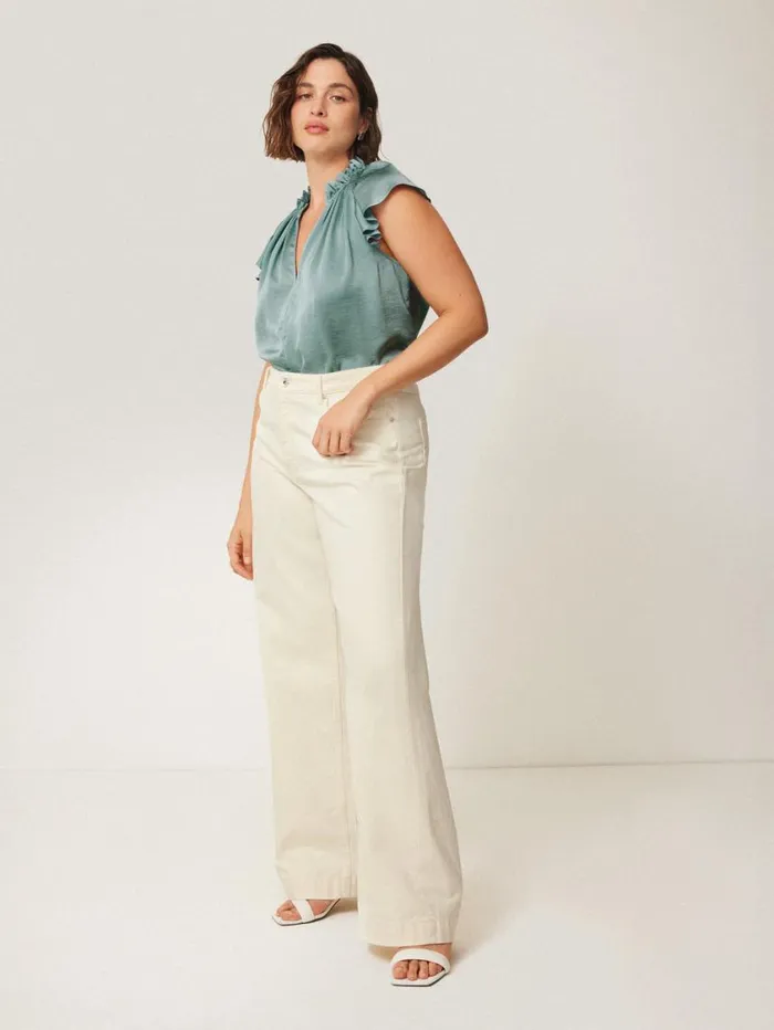 Jigsaw Recycled Satin Frill Neck Top Green Women Shirts and Tops