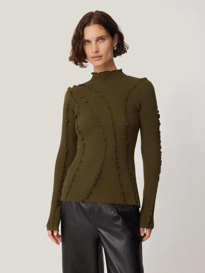 Jigsaw Ruffle Detail Jumper Khaki Women Knitwear and Cashmere