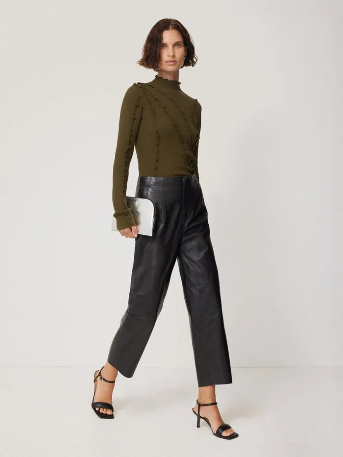 Jigsaw Ruffle Detail Jumper Khaki Women Knitwear and Cashmere