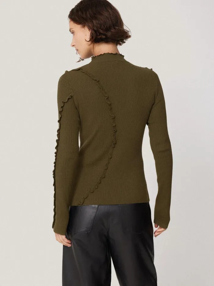 Jigsaw Ruffle Detail Jumper Khaki Women Knitwear and Cashmere