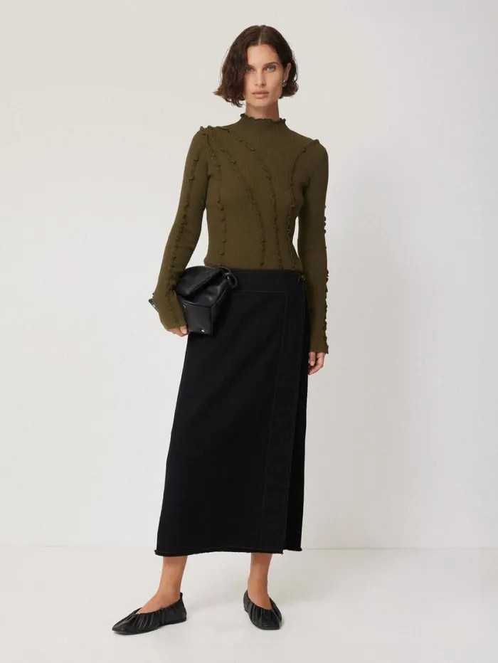 Jigsaw Ruffle Detail Jumper Khaki Women Knitwear and Cashmere