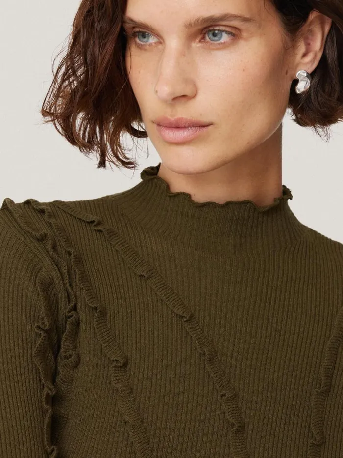 Jigsaw Ruffle Detail Jumper Khaki Women Knitwear and Cashmere