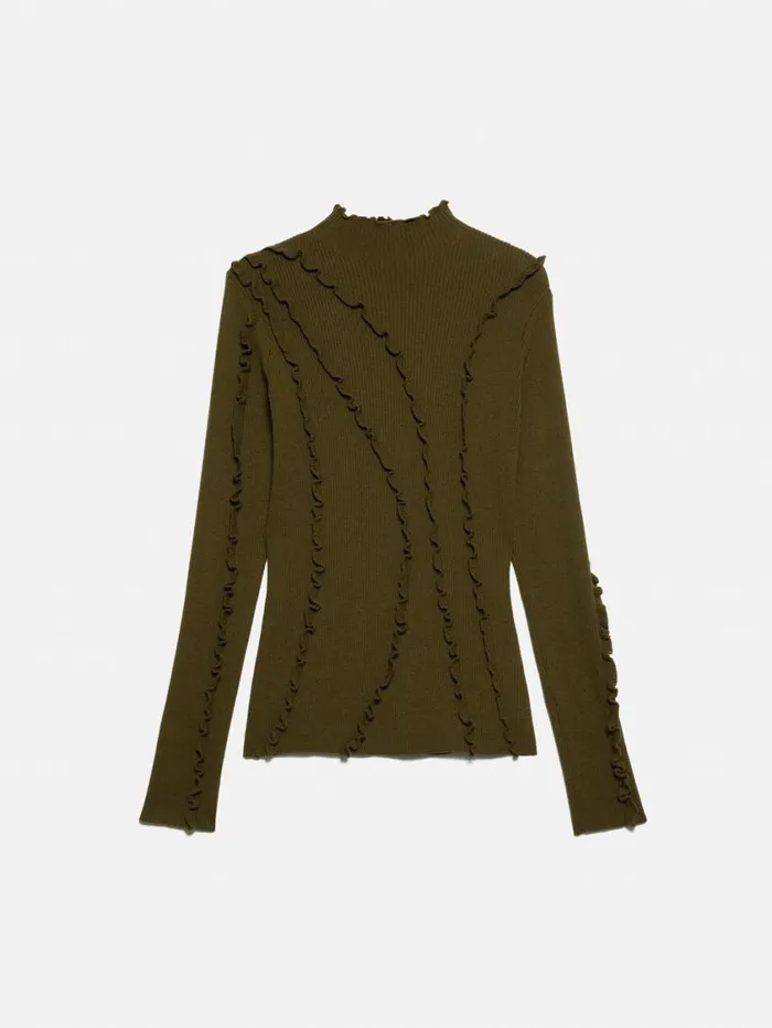 Jigsaw Ruffle Detail Jumper Khaki Women Knitwear and Cashmere