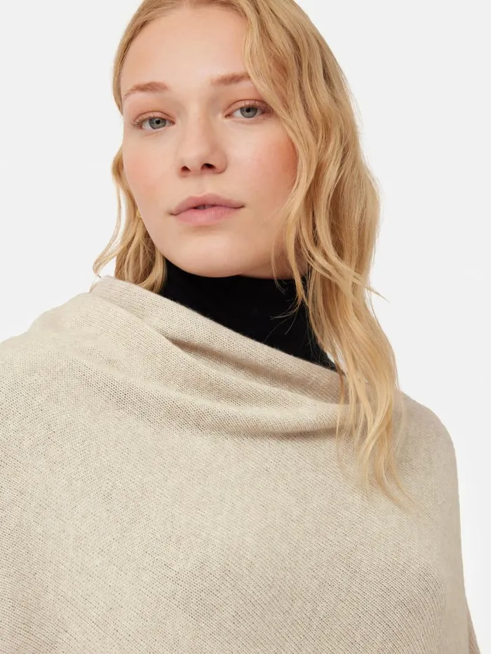 Jigsaw Wool Cashmere Blend Border Poncho Cream Women Ponchos and Scarves