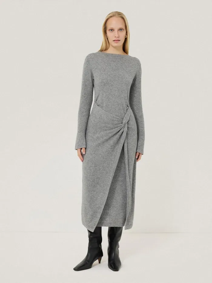 Jigsaw Wool Cashmere Blend Knot Dress Grey Women Dresses and Jumpsuits