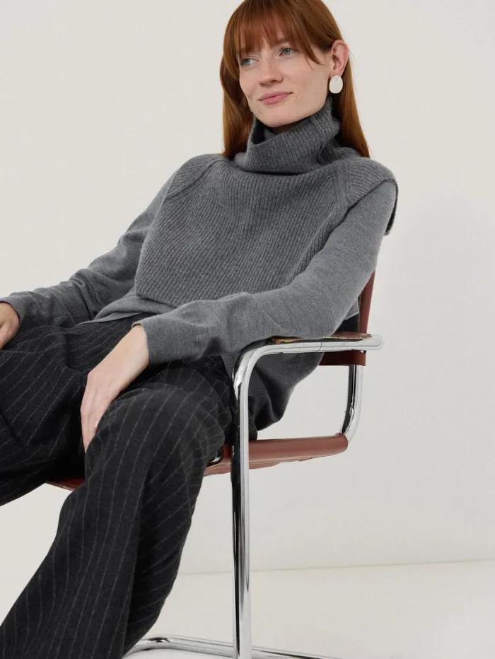 Jigsaw Wool Cashmere Roll Neck Bib Grey Women Knitwear and Cashmere