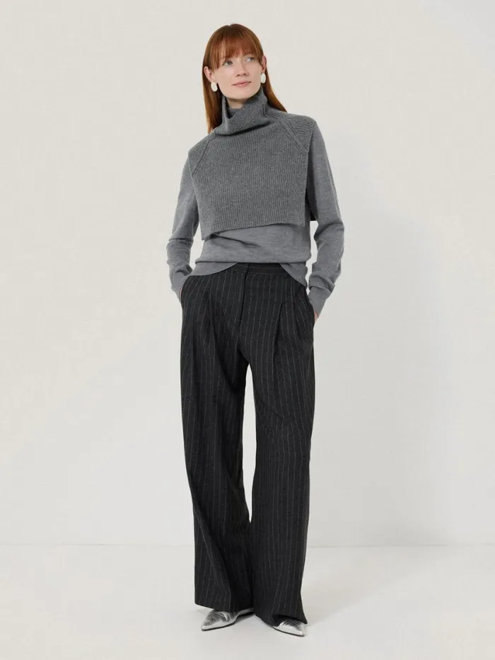 Jigsaw Wool Cashmere Roll Neck Bib Grey Women Knitwear and Cashmere