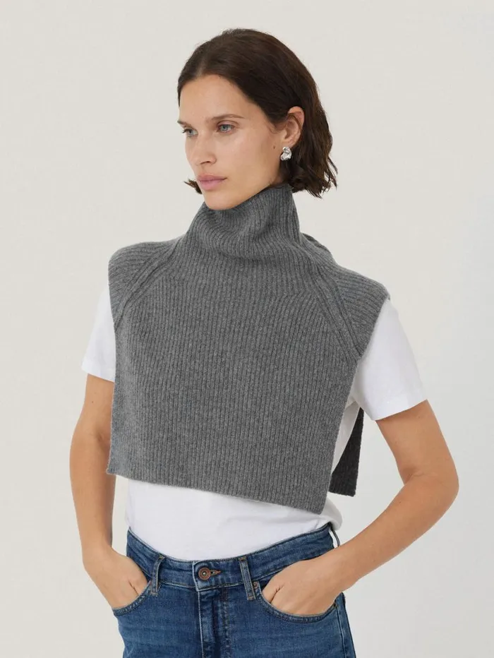 Jigsaw Wool Cashmere Roll Neck Bib Grey Women Knitwear and Cashmere