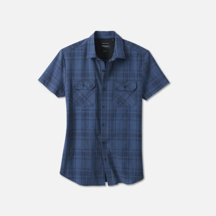 Kenneth Cole Casual Check Button Down Short Sleeve Shirt Navy Men Casual Shirts