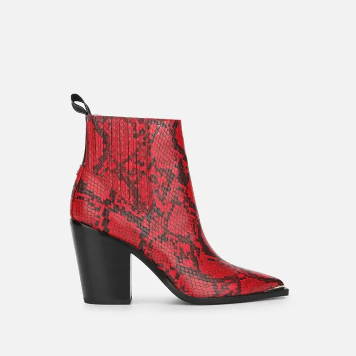 Kenneth Cole West Side Snake Print Block Heel Bootie Burgundy Women Boots Booties