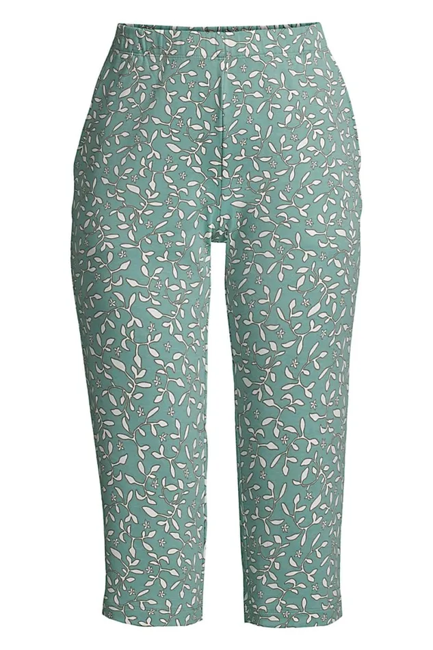 Lands039 End Capris and Crop Pants Women Plus Size Sport Knit High Rise Elastic Waist Pull On Capri Pants Print Teal Shadow Floral Leaf Lands039 End Capris and Crop Pants Women Plus Size Sport Knit High Rise Elastic Waist Pull On Capri Pants Print Teal Shadow Floral Leaf