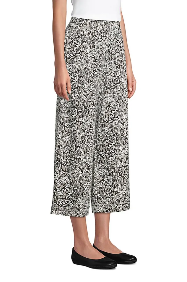 Lands039 End Capris and Crop Pants Women Sport Knit High Rise Elastic Waist Pull On Wide Leg Crop Pants Black Dotted Floral Lands039 End Capris and Crop Pants Women Sport Knit High Rise Elastic Waist Pull On Wide Leg Crop Pants Black Dotted Floral
