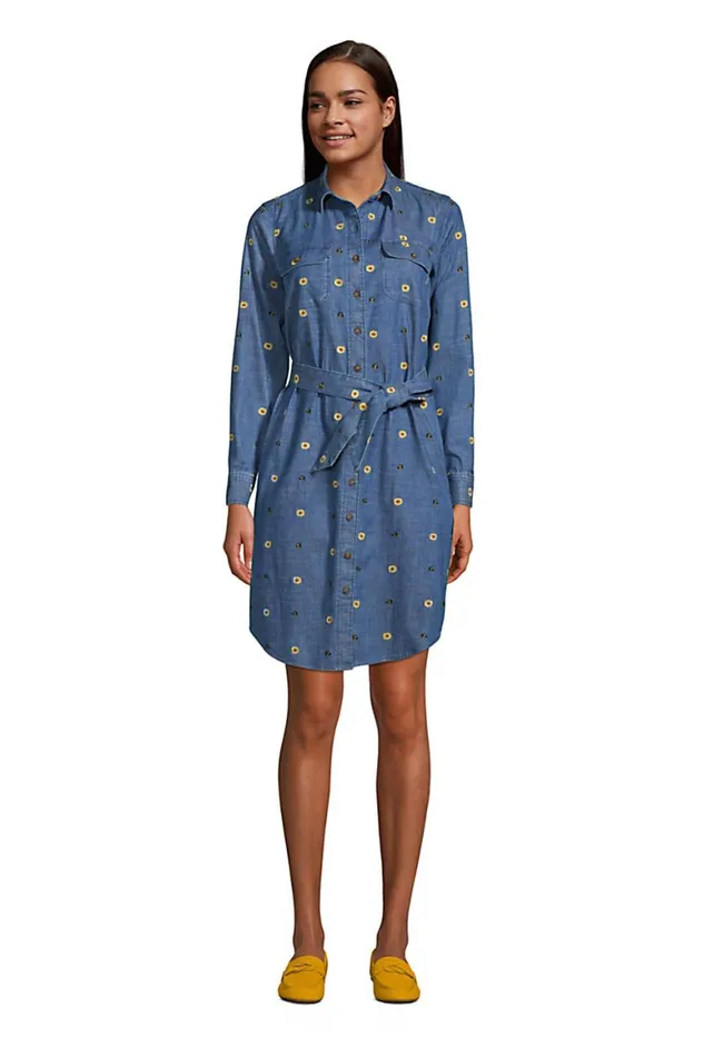 Lands039 End Dresses Women Cotton Denim Button Front Long Sleeve Dress Denim Embroidered Bees