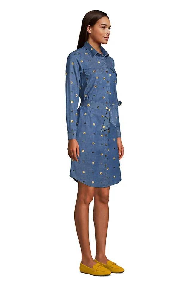 Lands039 End Dresses Women Cotton Denim Button Front Long Sleeve Dress Denim Embroidered Bees Lands039 End Dresses Women Cotton Denim Button Front Long Sleeve Dress Denim Embroidered Bees