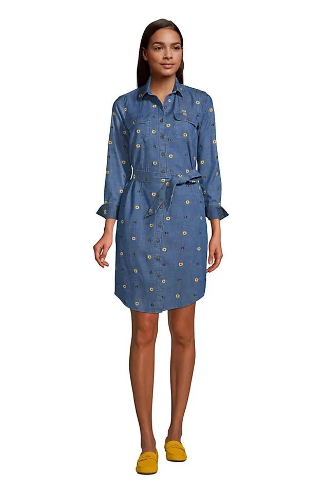 Lands039 End Dresses Women Cotton Denim Button Front Long Sleeve Dress Denim Embroidered Bees Lands039 End Dresses Women Cotton Denim Button Front Long Sleeve Dress Denim Embroidered Bees