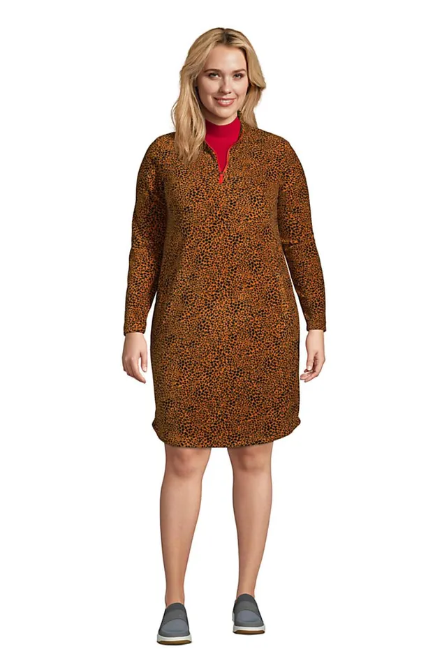 Lands039 End Fleece Women Plus Size Long Sleeve Fleece Quarter Zip Dress Burnt Caramel Leopard Print Lands039 End Fleece Women Plus Size Long Sleeve Fleece Quarter Zip Dress Burnt Caramel Leopard Print