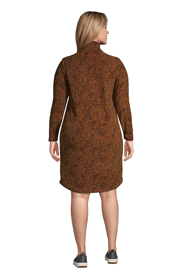Lands039 End Fleece Women Plus Size Long Sleeve Fleece Quarter Zip Dress Burnt Caramel Leopard Print