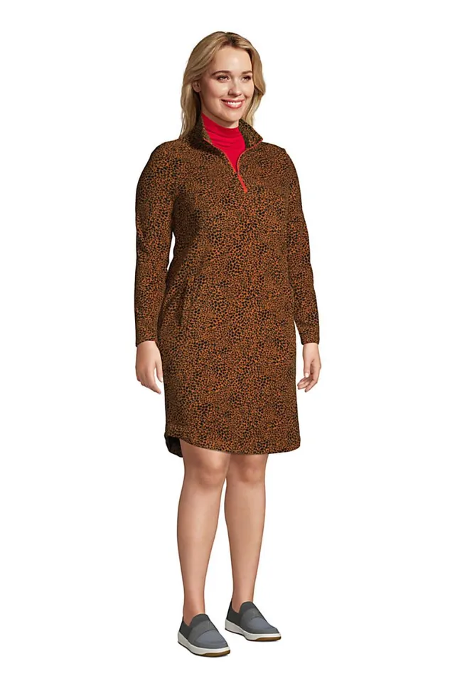 Lands039 End Fleece Women Plus Size Long Sleeve Fleece Quarter Zip Dress Burnt Caramel Leopard Print