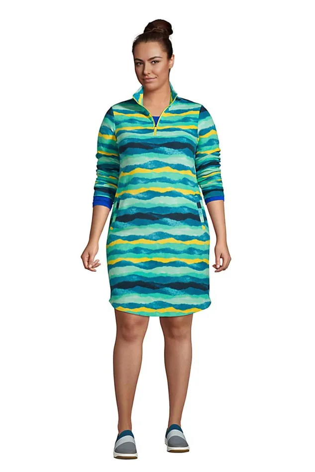 Lands039 End Fleece Women Plus Size Long Sleeve Fleece Quarter Zip Dress Burnt Caramel Leopard Print