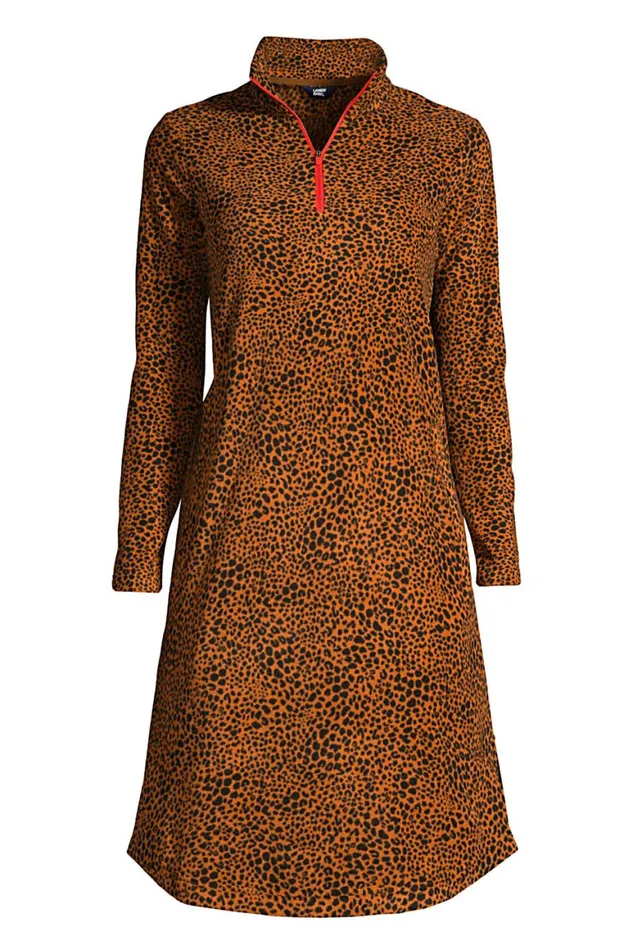 Lands039 End Fleece Women Plus Size Long Sleeve Fleece Quarter Zip Dress Burnt Caramel Leopard Print