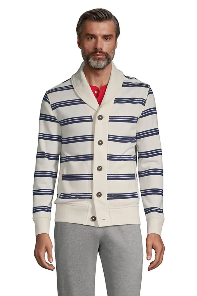Lands039 End Knit Tops and Tees Men Long Sleeve French Terry Cardigan Ivory Founders Stripe Lands039 End Knit Tops and Tees Men Long Sleeve French Terry Cardigan Ivory Founders Stripe
