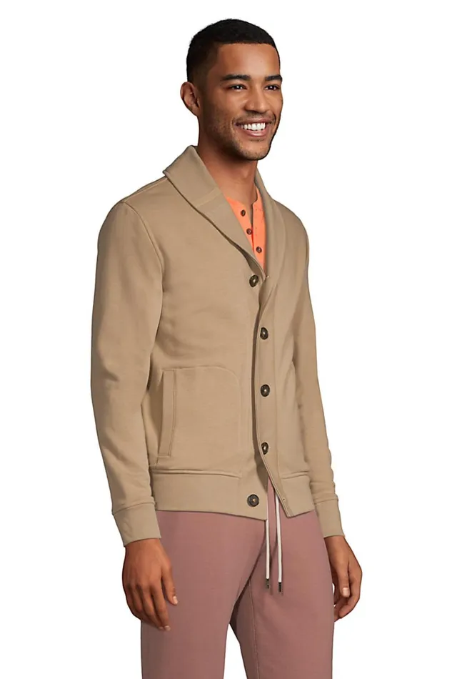 Lands039 End Knit Tops and Tees Men Long Sleeve French Terry Cardigan Ivory Founders Stripe