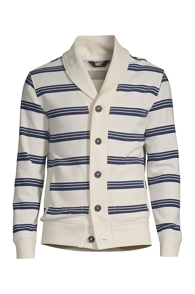 Lands039 End Knit Tops and Tees Men Long Sleeve French Terry Cardigan Ivory Founders Stripe
