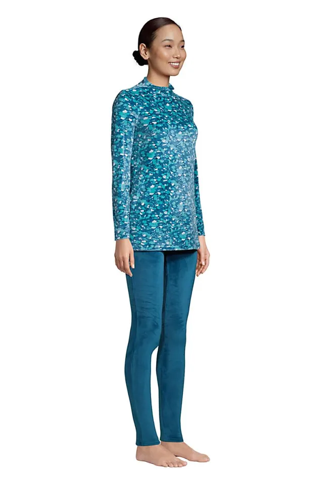 Lands039 End Pajamas and Robes Women Cozy Pajama Set Long Sleeve Top And Print Leggings Baltic Teal Floral