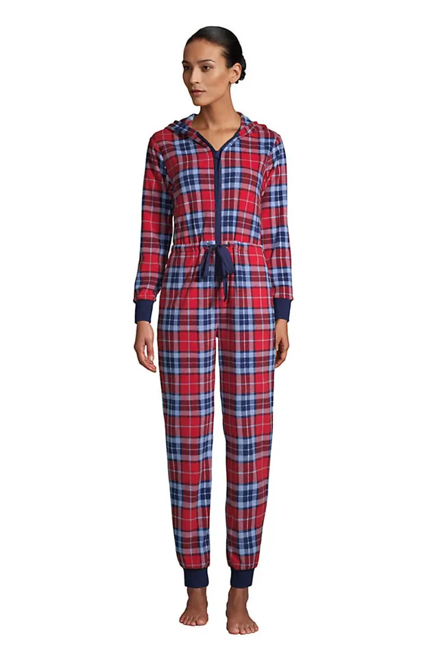 Lands039 End Pajamas and Robes Women Fleece Hooded Onepiece Rich Red Multi Plaid Lands039 End Pajamas and Robes Women Fleece Hooded Onepiece Rich Red Multi Plaid