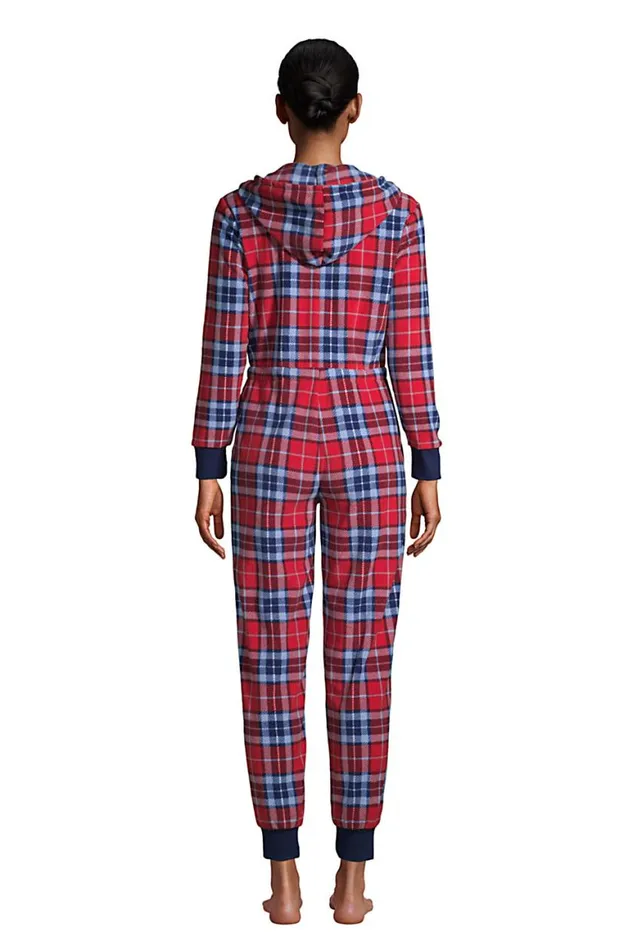 Lands039 End Pajamas and Robes Women Fleece Hooded Onepiece Rich Red Multi Plaid