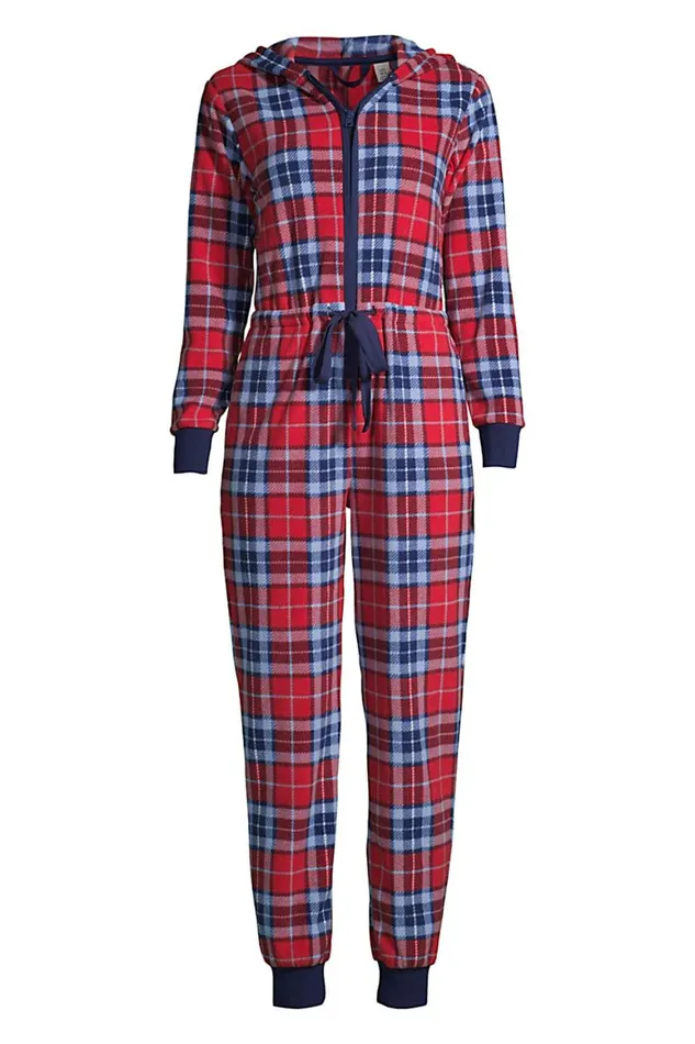 Lands039 End Pajamas and Robes Women Fleece Hooded Onepiece Rich Red Multi Plaid