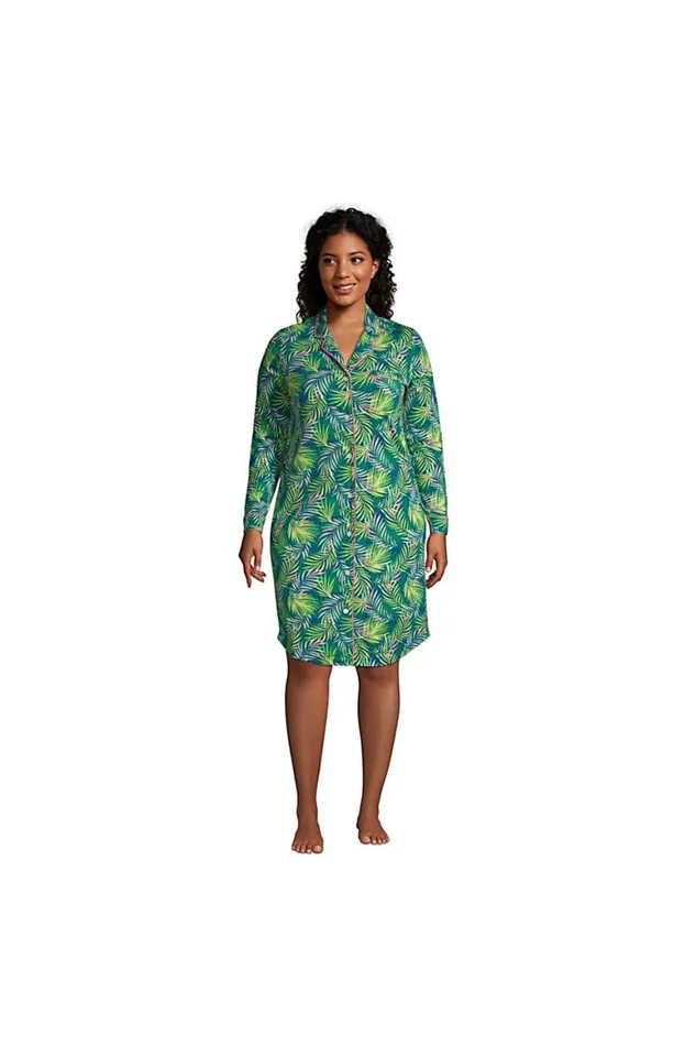 Lands039 End Pajamas and Robes Women Plus Size Long Sleeve Comfort Knit Pajama Nightshirt Baltic Teal Multi Palm