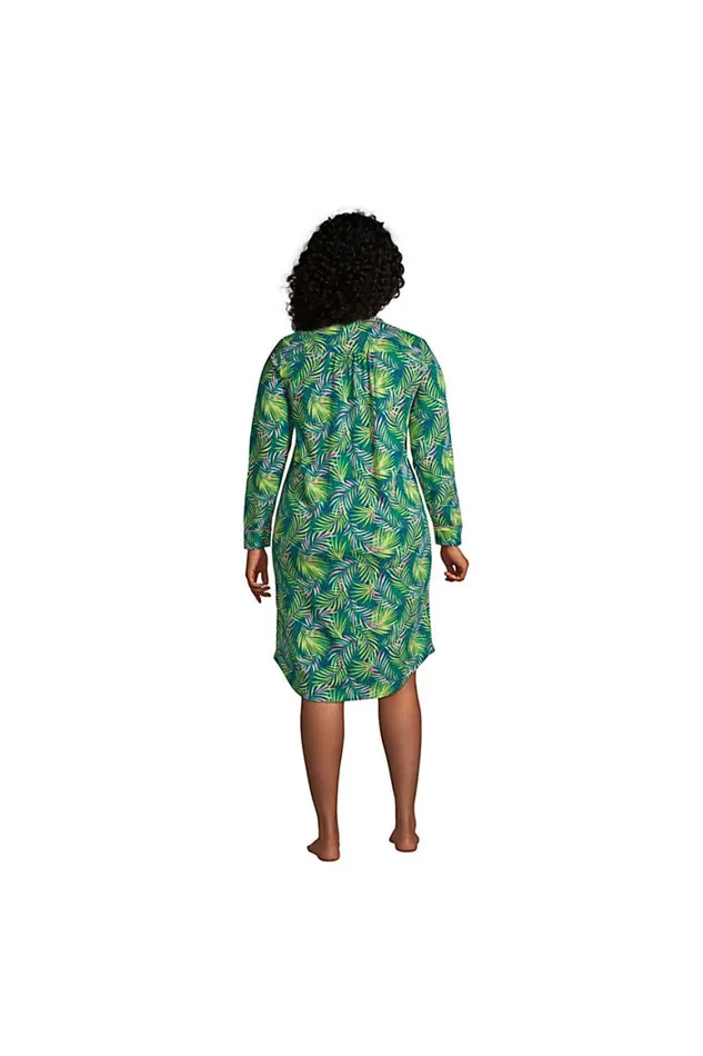 Lands039 End Pajamas and Robes Women Plus Size Long Sleeve Comfort Knit Pajama Nightshirt Baltic Teal Multi Palm