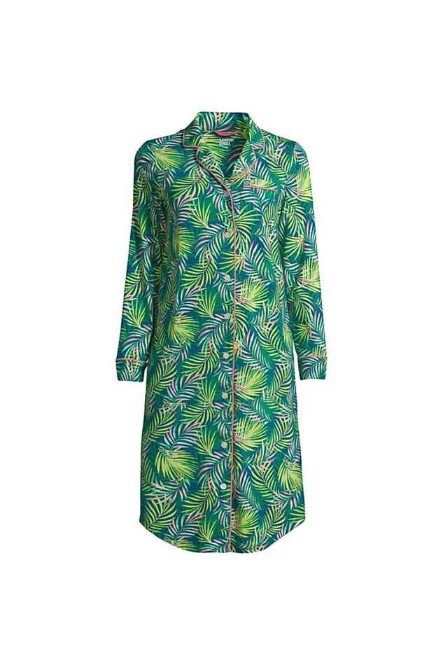 Lands039 End Pajamas and Robes Women Plus Size Long Sleeve Comfort Knit Pajama Nightshirt Baltic Teal Multi Palm