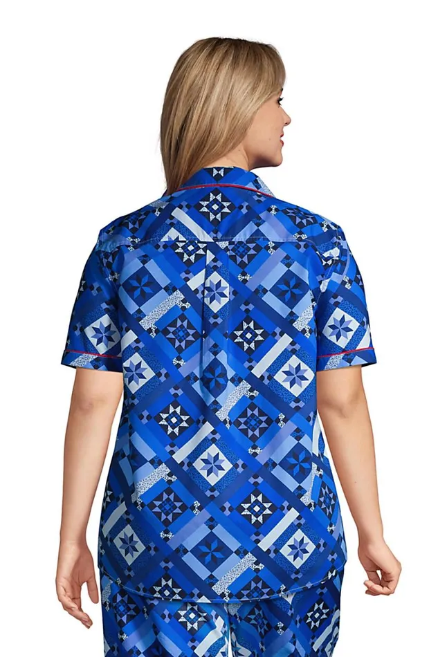 Lands039 End Pajamas and Robes Women Plus Size Short Sleeve Cotton Poplin Pajama Shirt Navy Prosperity Quilt