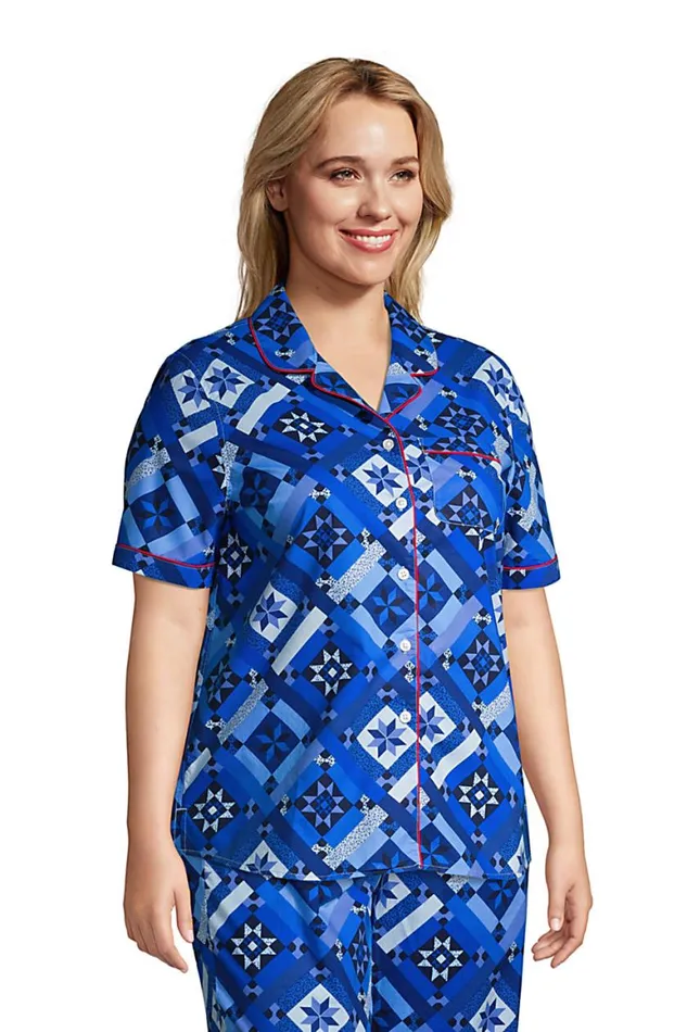 Lands039 End Pajamas and Robes Women Plus Size Short Sleeve Cotton Poplin Pajama Shirt Navy Prosperity Quilt