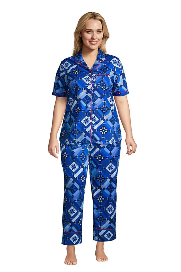 Lands039 End Pajamas and Robes Women Plus Size Short Sleeve Cotton Poplin Pajama Shirt Navy Prosperity Quilt