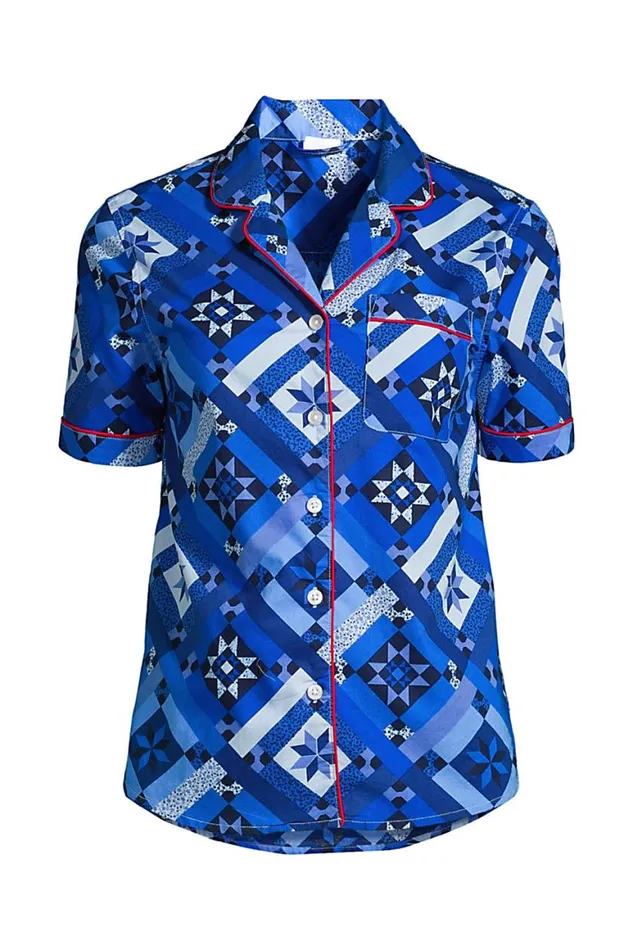 Lands039 End Pajamas and Robes Women Plus Size Short Sleeve Cotton Poplin Pajama Shirt Navy Prosperity Quilt