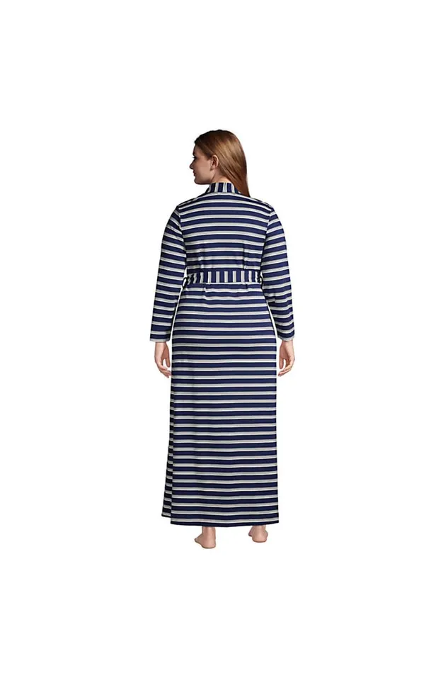 Lands039 End Pajamas and Robes Women Plus Size Supima Cotton Long Robe Deep Sea Navy Founders Stripe