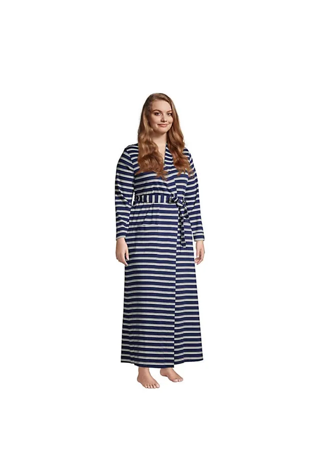 Lands039 End Pajamas and Robes Women Plus Size Supima Cotton Long Robe Deep Sea Navy Founders Stripe