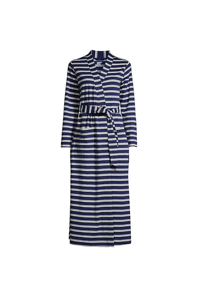 Lands039 End Pajamas and Robes Women Plus Size Supima Cotton Long Robe Deep Sea Navy Founders Stripe