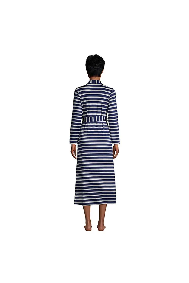 Lands039 End Pajamas and Robes Women Supima Cotton Long Robe Deep Sea Navy Founders Stripe