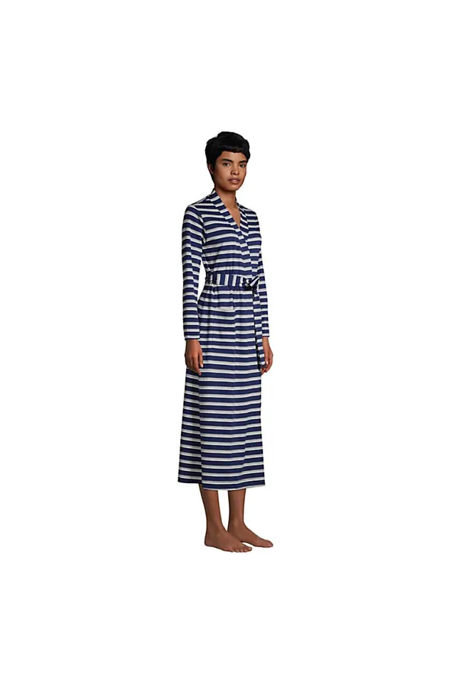 Lands039 End Pajamas and Robes Women Supima Cotton Long Robe Deep Sea Navy Founders Stripe