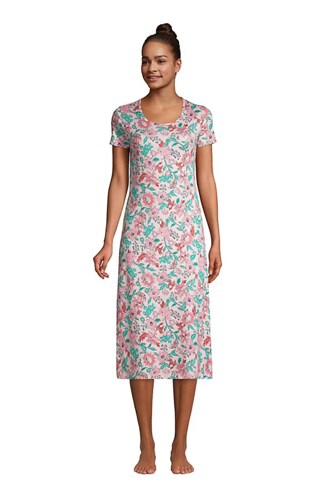 Lands039 End Pajamas and Robes Women Supima Cotton Short Sleeve Midcalf Nightgown Dress Horizon Pink Lotus Floral Lands039 End Pajamas and Robes Women Supima Cotton Short Sleeve Midcalf Nightgown Dress Horizon Pink Lotus Floral