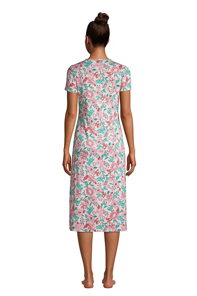 Lands039 End Pajamas and Robes Women Supima Cotton Short Sleeve Midcalf Nightgown Dress Horizon Pink Lotus Floral