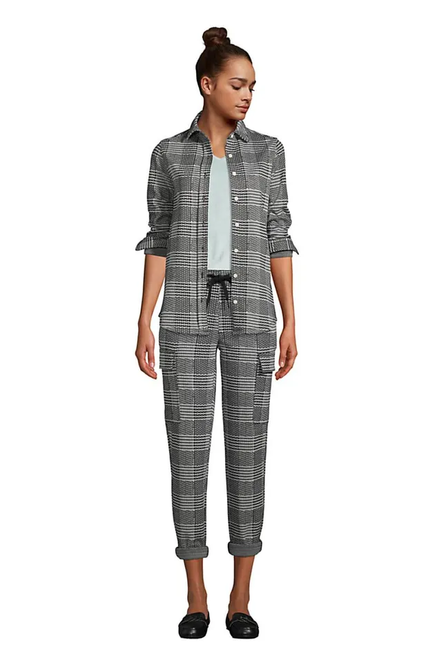 Lands039 End Pants Women Sport Knit High Rise Cargo Ankle Pants 8211 Jacquard Black Glen Plaid