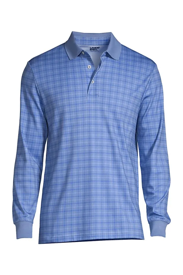 Lands039 End Polo Shirts Men Big And Tall Long Sleeve Pattern Super Soft Supima Polo Shirt Cloudy Blue Plaid