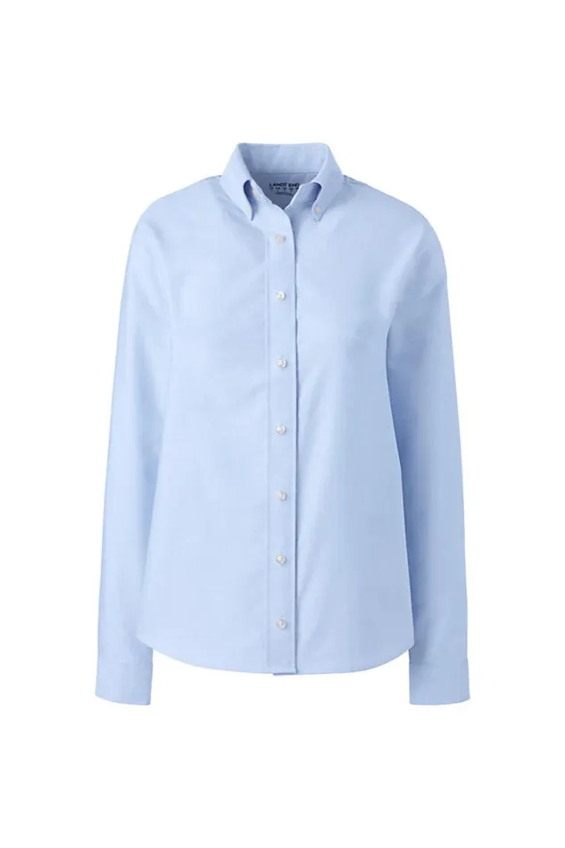 Lands039 End Shirts and Blouses Women Adaptive Long Sleeve Oxford Dress Shirt Blue