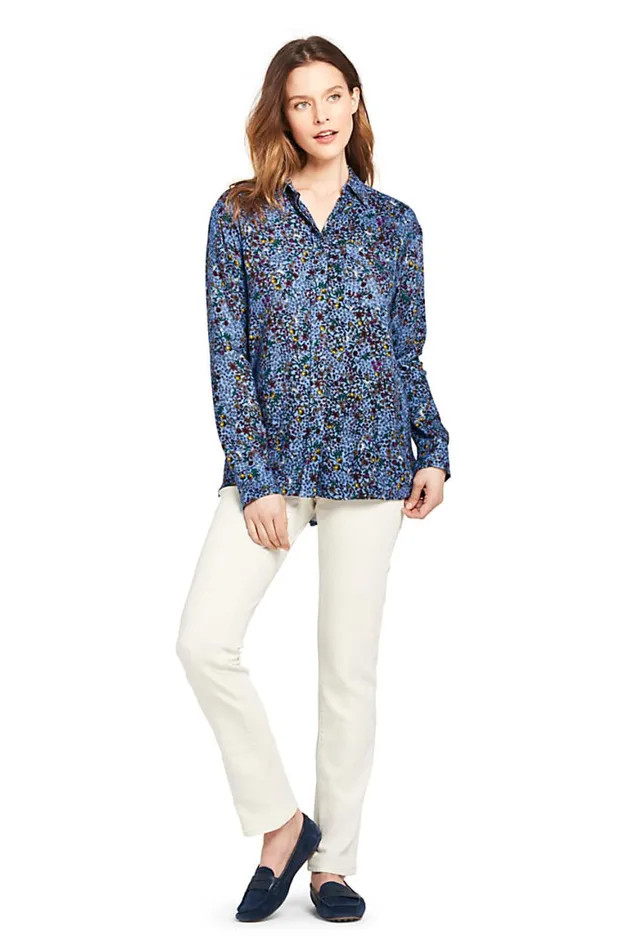 Lands039 End Shirts and Blouses Women Brushed Rayon Collared Shirt Soft French Blue Tossed Floral