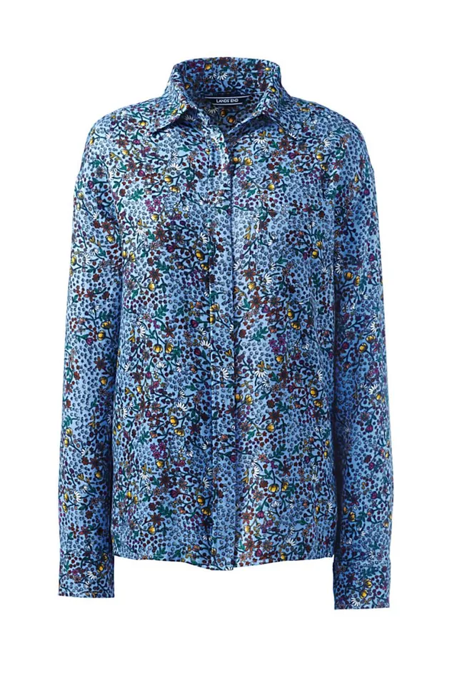 Lands039 End Shirts and Blouses Women Brushed Rayon Collared Shirt Soft French Blue Tossed Floral